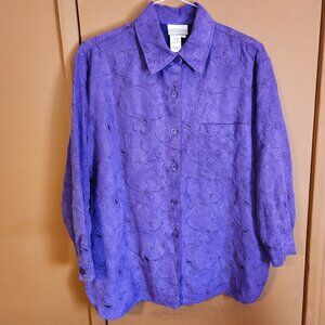 Faux Suede Button up Embroidered Shirt / Blouse in Purple sz PM Coldwater Creek